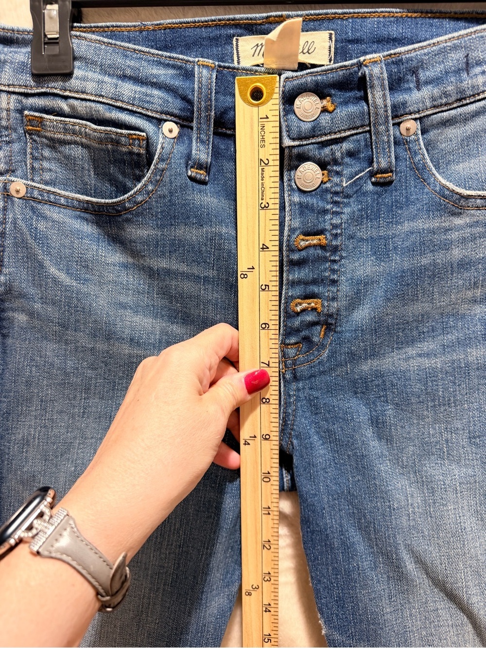 Madewell High Rise Slim Straight Jeans Distressed Button Front Blue Denim 27 - Picture 7 of 15